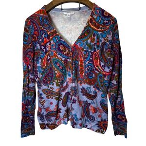 Isaac Mizrahi Live Cardigan Sweater Size M Paisley Print V Neck Button Up Womens